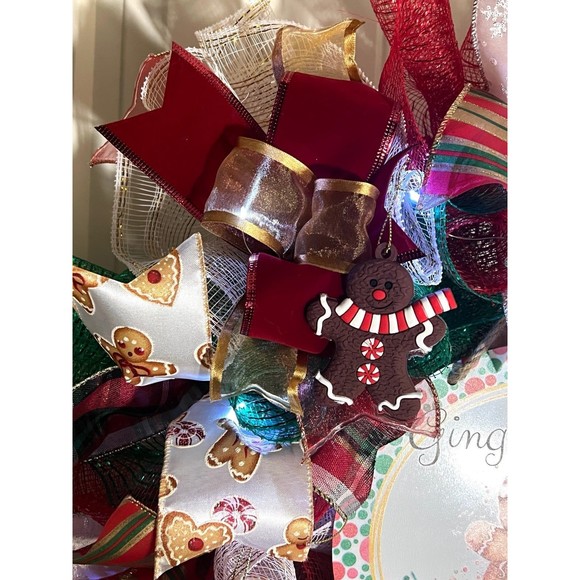 Handmade Gingerbread Love Christmas Holiday Ribbon Door Wreath 22 ins W56 - Picture 8 of 13